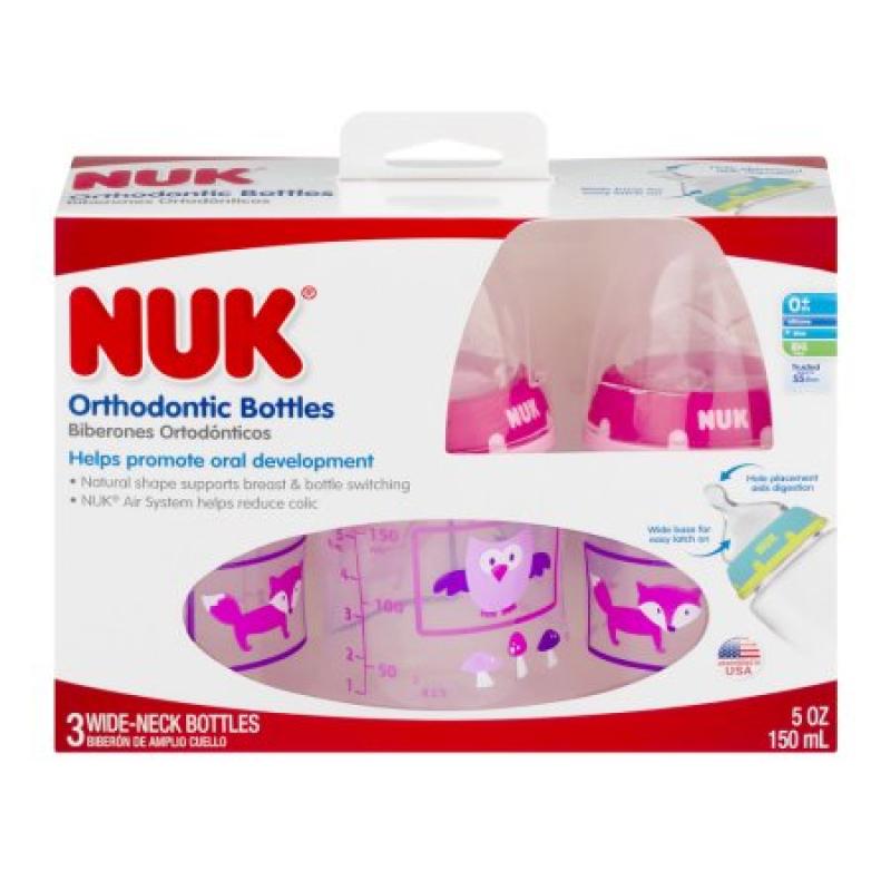 NUK Woodlands Baby Bottle with Perfect Fit Nipple, 5 oz, 3-pack, Medium Flow, Girl Design