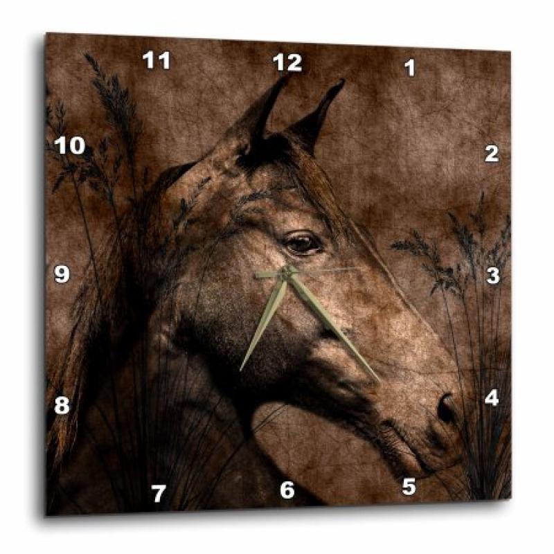 3dRose Horse in the Grass done in Western Brown Grunge and Charcoal., Wall Clock, 13 by 13-inch