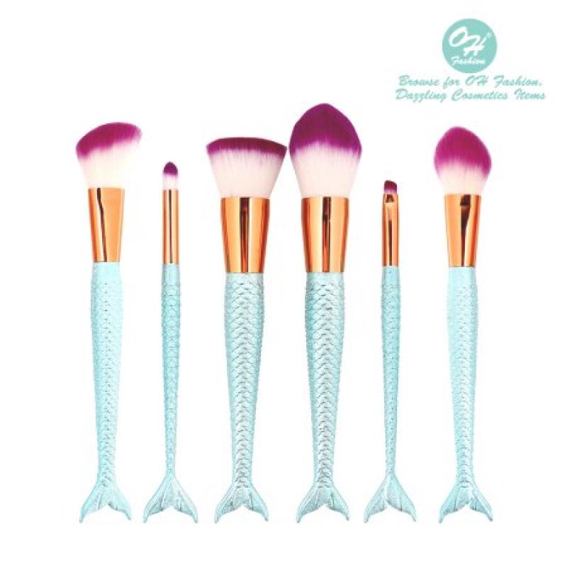 OH Fashion Makeup Brushes set Mermaid Coralia 6 Pcs Powder, Eyeshadow, Blush , Foundation , Blending, Eyeliner, Lip , Great for Highlighting & Contouring,