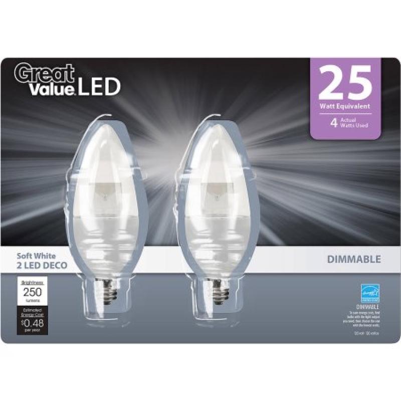 Great Value LED Light Bulbs 4W (25W Equivalent) 4-Way Decorative, Dimmable, 2 Pack