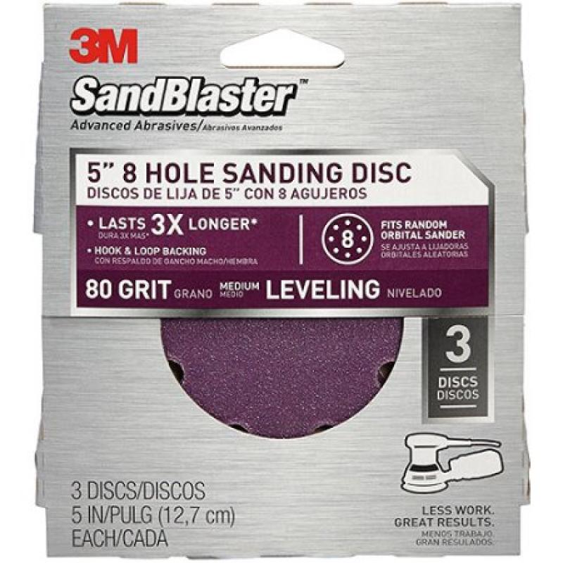 3M SandBlaster Sanding Discs, 5-Inch 8 Hole, 80 grit, 3 Discs, 9522SB-ES