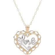 Simply Gold 10kt Yellow Gold with Rhodium Filigree Border Heart with Love Pendant, 18"