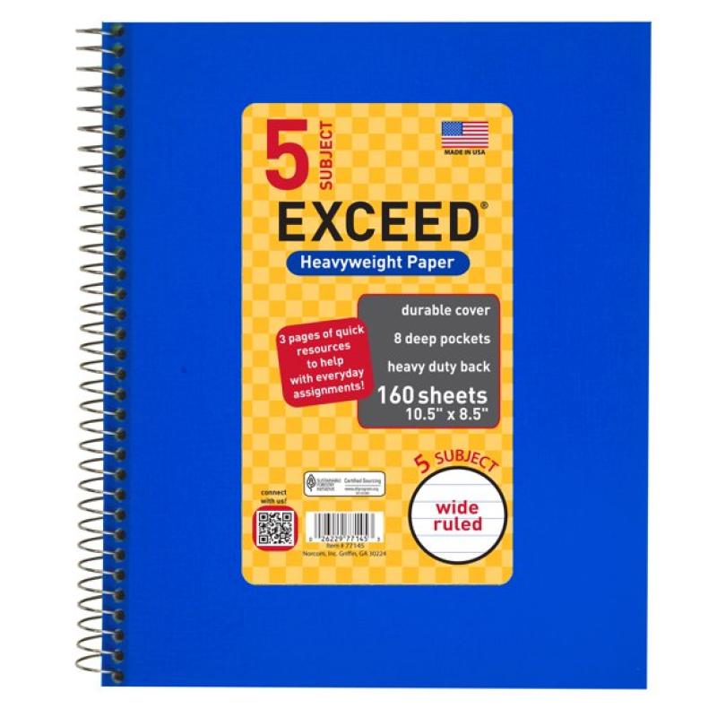 160ct 5 Sub Blue Exceed Notebook, 10.5 x 8.5, Wide Ruled