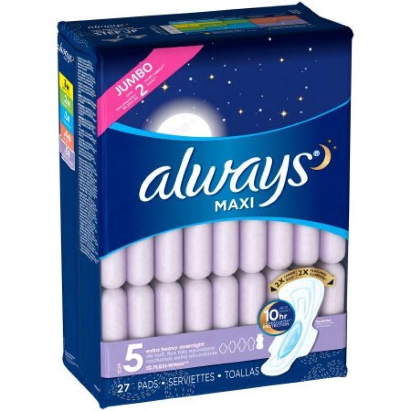 Always Maxi Extra Heavy Overnight Pads with Wings, 27 count
