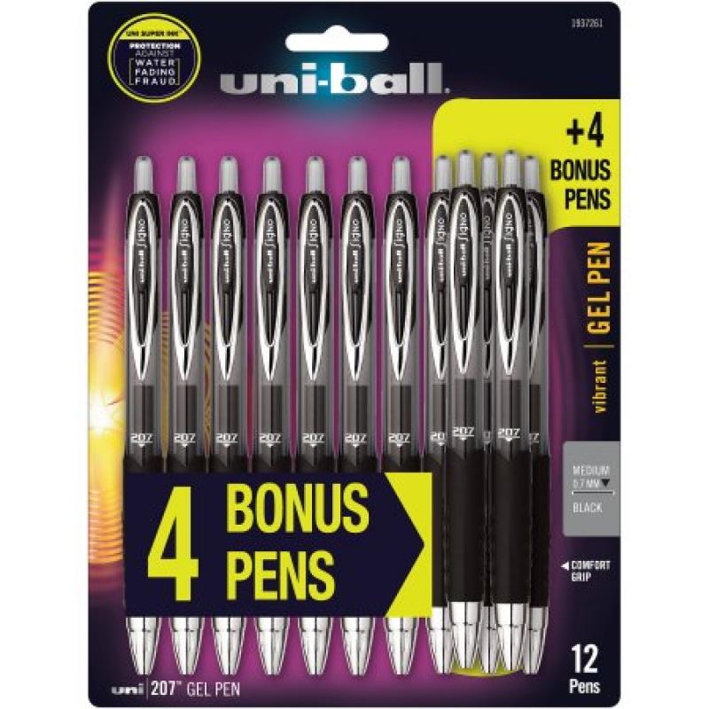uni-ball 207 Retractable Gel Pens, Medium Point, Black, 8 + 4 Bonus Pack