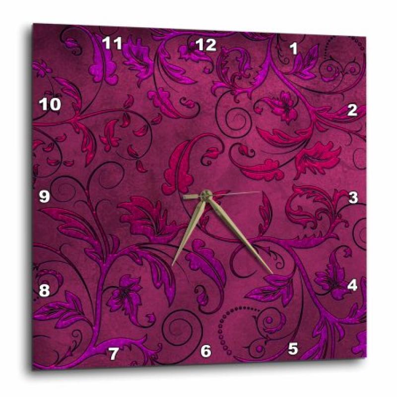3dRose Pretty Pink and Purple Foil Effect Flourishes Pattern, Wall Clock, 10 by 10-inch