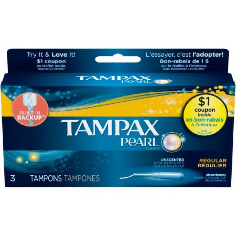 Tampax Pearl Plastic Regular Absorbency Unscented Tampons, 3 count