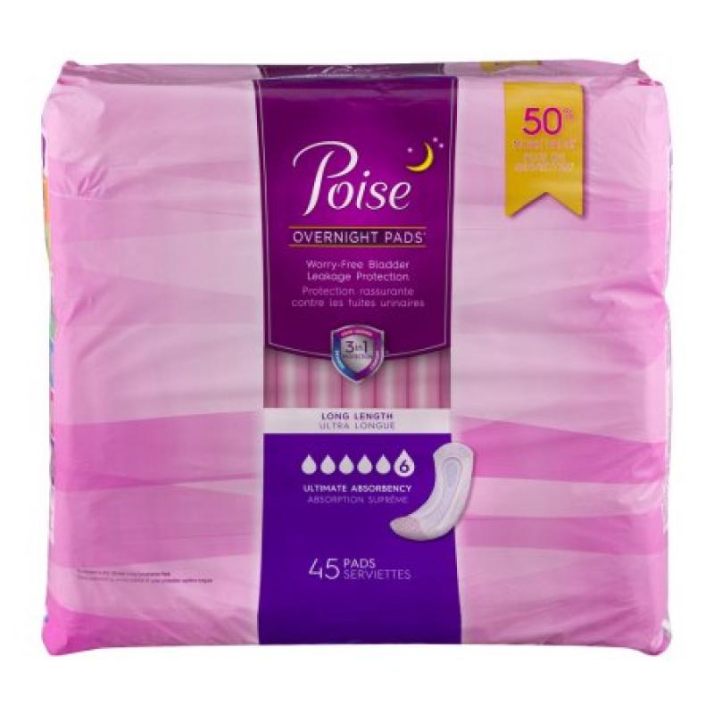 Poise Overnight Pads Long Length Ultimate Absorbency - 45 CT