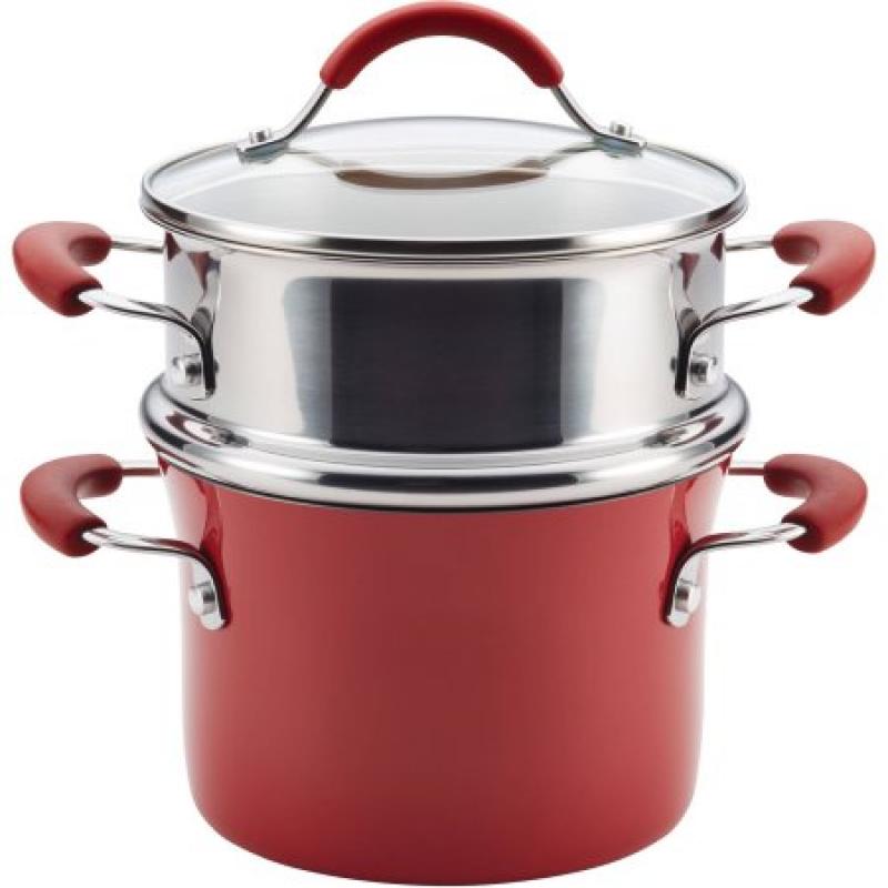 Rachael Ray Cucina Hard Porcelain Enamel Nonstick 3-Qt Covered Multi-Pot Set with Steamer, Cranberry Red