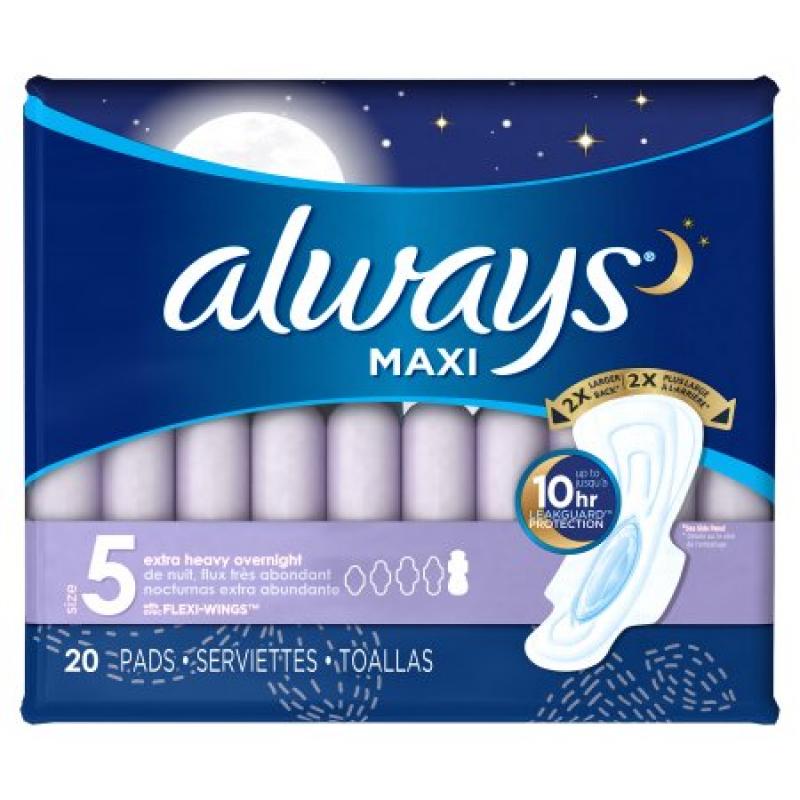 Always Maxi Size 5 Extra Heavy Overnight Pads with Wings, Unscented, 20 Count