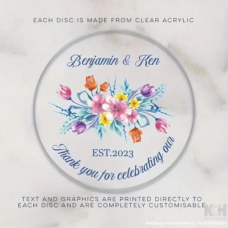 Floral Acrylic Coaster - Round Transparent Table Mat with Names & Dates, Ideal for Wedding, Birthday, Housewarming - Elegant Drink Coaster for Christmas, Halloween, Easter, Hanukkah, Thanksgiving - Unique Handcrafted Gift, Home Kitchen Decor