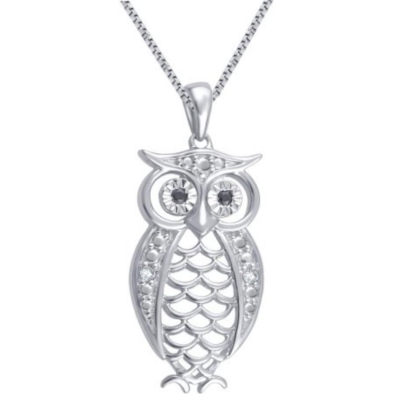 Round Diamond Accent Silver Plated Owl Bird Pendant, 18"