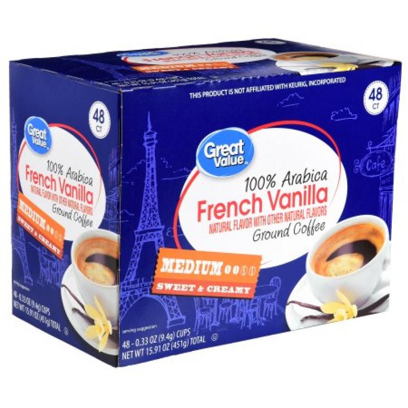 Great Value French Vanilla Ground Coffee Single Serve Cups, Medium Roast, 48 Count