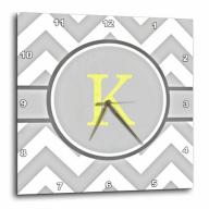 3dRose Grey and white chevron with yellow monogram initial K, Wall Clock, 10 by 10-inch