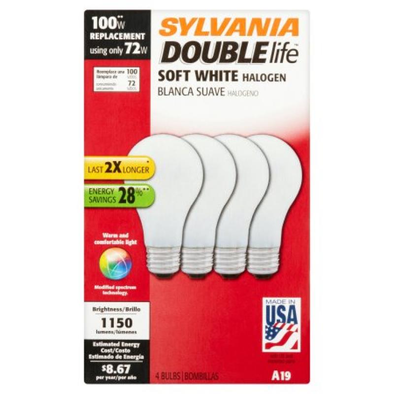 Sylvania Double Life 72W Halogen Light Bulbs, Soft White, 4-Pack