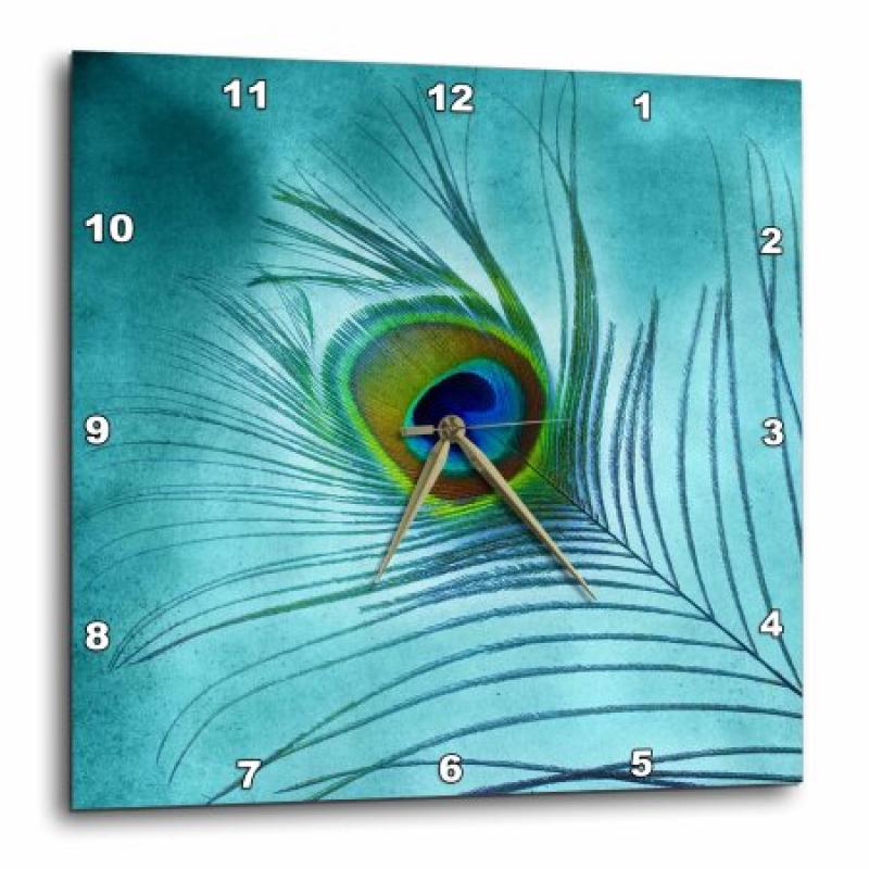 3dRose Peacock Feather on Turquoise Background, Wall Clock, 13 by 13-inch