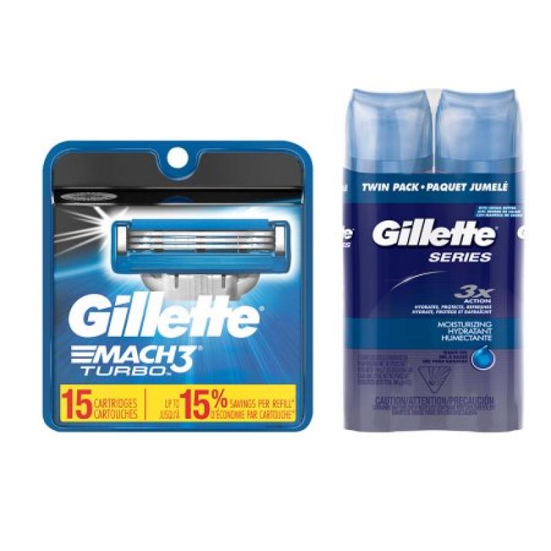 Gillette Mach3 Turbo 15ct Razor Blade Refill and Shave Gel Bundle