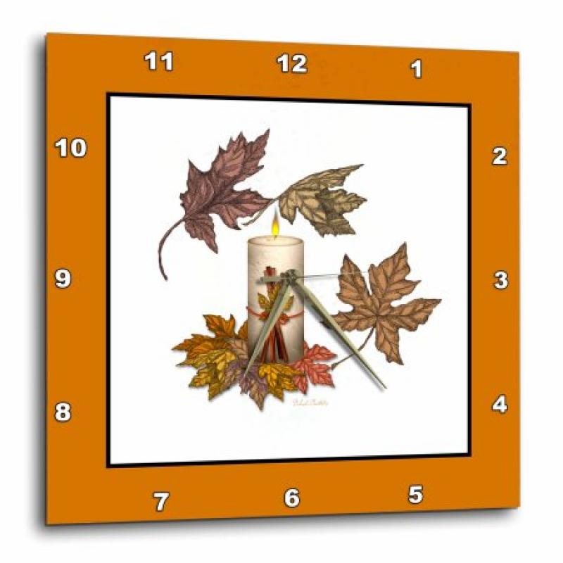 3dRose Autumn leaves and a burning candle for Fall on light background, Wall Clock, 13 by 13-inch