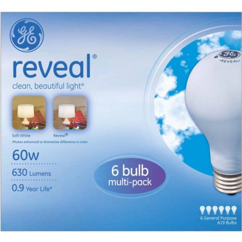 GE Reveal Incandescent 60W A19 Light Bulbs, 12 pk of 6 bulbs (72 Bulbs total)
