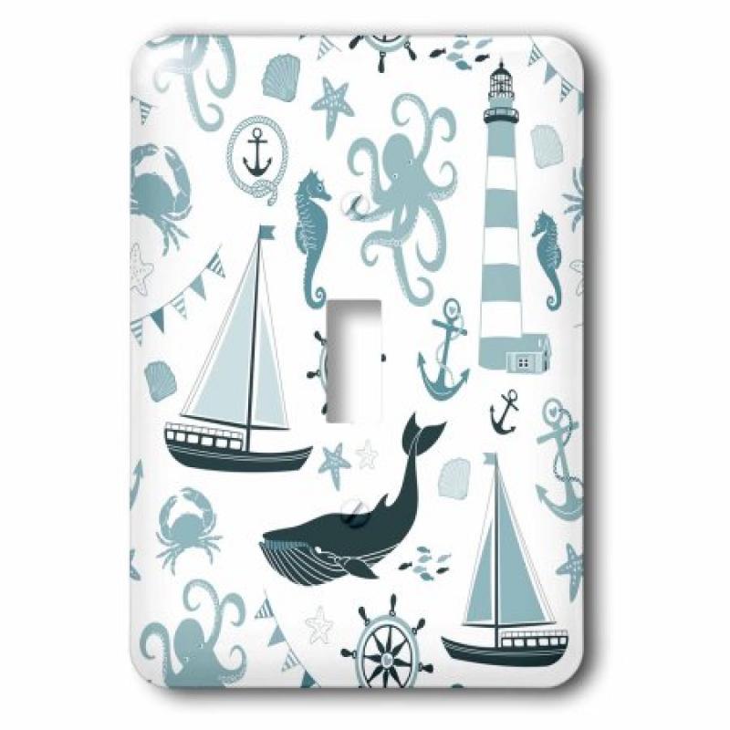 3dRose Blue and White Nautical Theme Octopus, Boat, Anchor, 2 Plug Outlet Cover