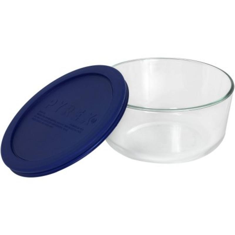 Pyrex 4-Cup Round Glass Storage Set with Dark Blue Plastic Covers, Set of 4