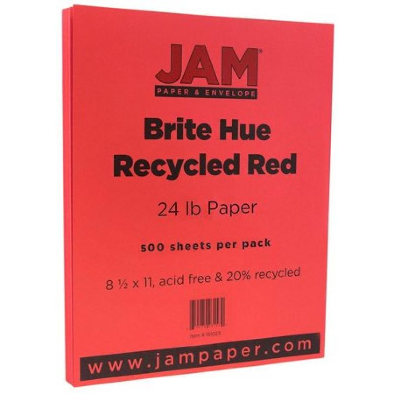 JAM Paper Bright Color Paper, 8.5 x 11, 24lb Brite Hue Red Recycled, 500 Sheets/Ream
