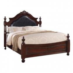 Acme Gwyneth Queen Traditional Poster Bed with Black PU Upholstered Headboard in Cherry 21880Q