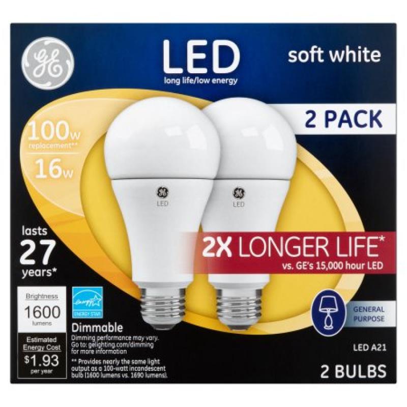 GE LED 16W 1600 Lumens Soft White A21 2 Bulbs