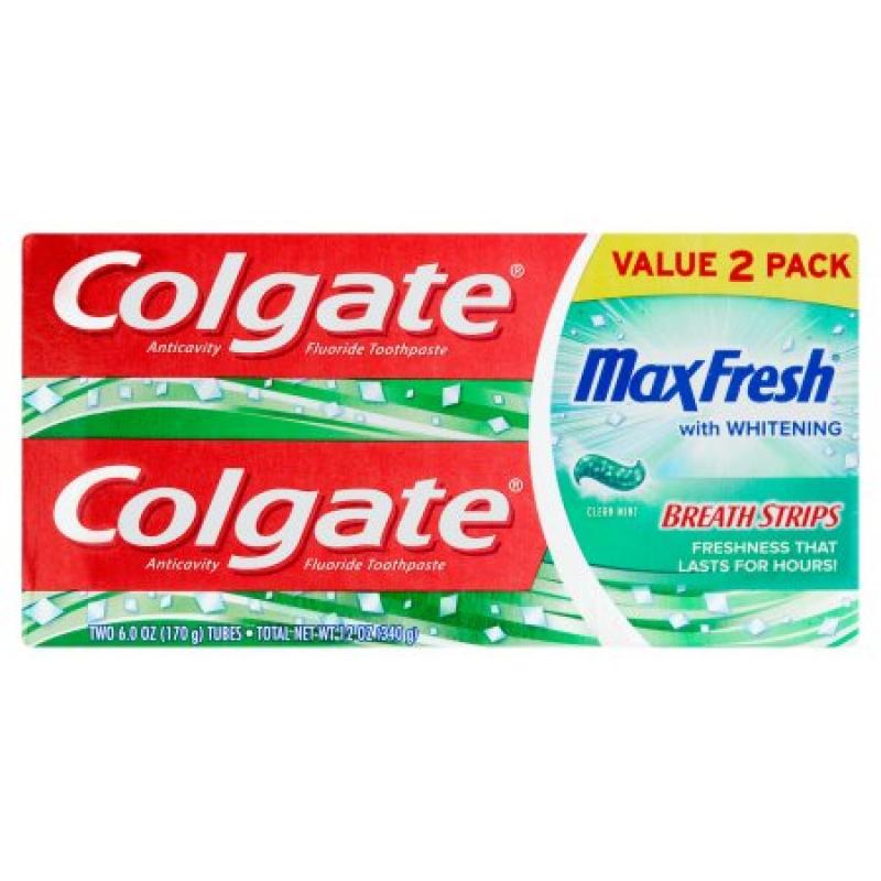 Colgate Anticavity Fluoride Toothpaste With Whitening MaxFresh With Mini Breath Strips Clean Mint Gel - 2 PK