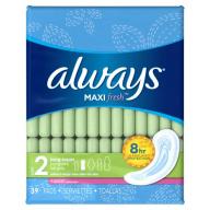 Always Maxi Fresh Size 2 Long Super Pads Without Wings, Scented, 39 Count