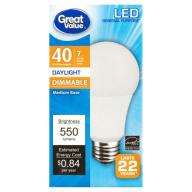 Great Value LED Light Bulb 7W (40W Equivalent) Omni (E26) Dimmable, Daylight