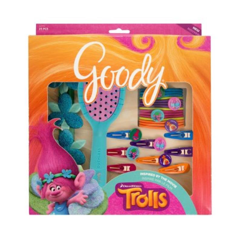 Goody Trolls Hair Accessory Gift Pack with Satin & Chenille Blue Hair Brush, Assorted Colors, 25 count