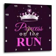 3dRose Princess on the Run - Black - Hot pink text - silver tiara crown - girl runner running race racing, Wall Clock, 10 by 10-inch