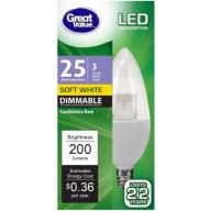 Great Value LED Light Bulb, 3W (25W Equivalent), Dimmable, Decorative,Soft White, Candelabra Base