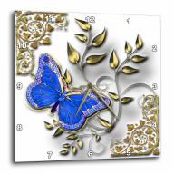 3dRose Blue butterfly and gold accents, Wall Clock, 10 by 10-inch