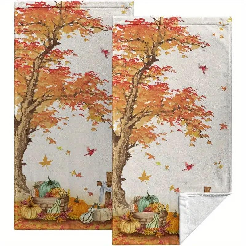 Set of 2 Autumn Maple Leaf & Pumpkin Hand Towels - Soft, Absorbent Polyester Kitchen and Bathroom Towels for Thanksgiving Decor, Machine Washable, 18x26 Inches