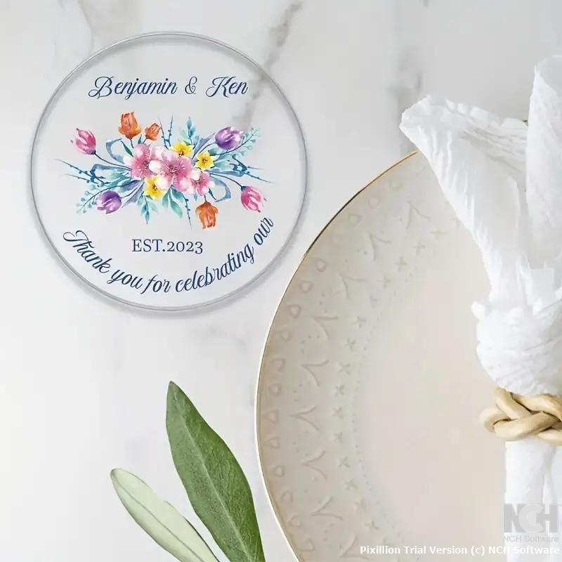 Floral Acrylic Coaster - Round Transparent Table Mat with Names & Dates, Ideal for Wedding, Birthday, Housewarming - Elegant Drink Coaster for Christmas, Halloween, Easter, Hanukkah, Thanksgiving - Unique Handcrafted Gift, Home Kitchen Decor