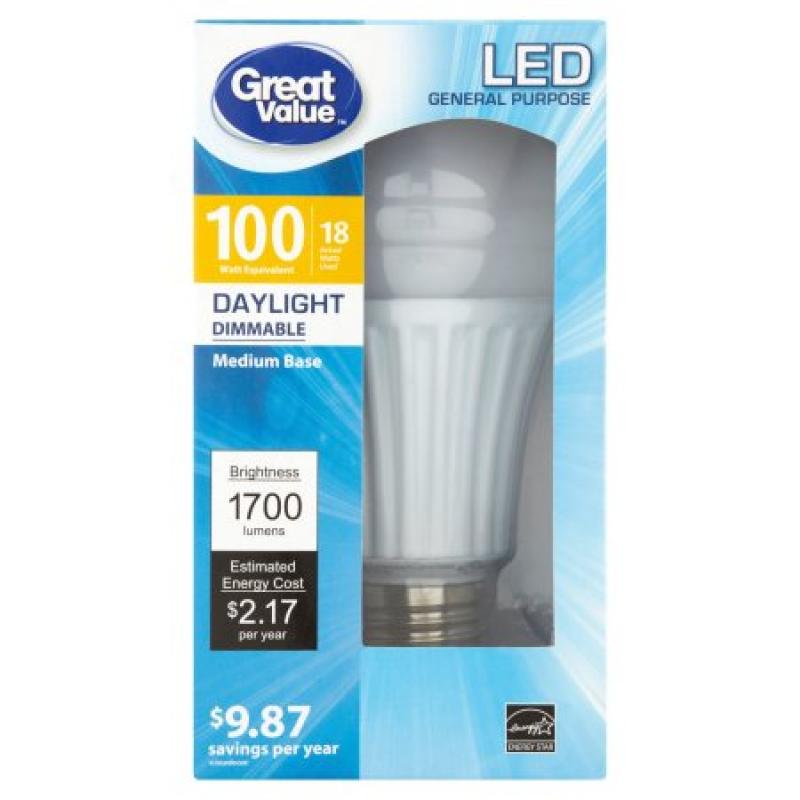 Great Value LED Light Bulb 18W (100W Equivalent) Omni (E26) Dimmable, Daylight