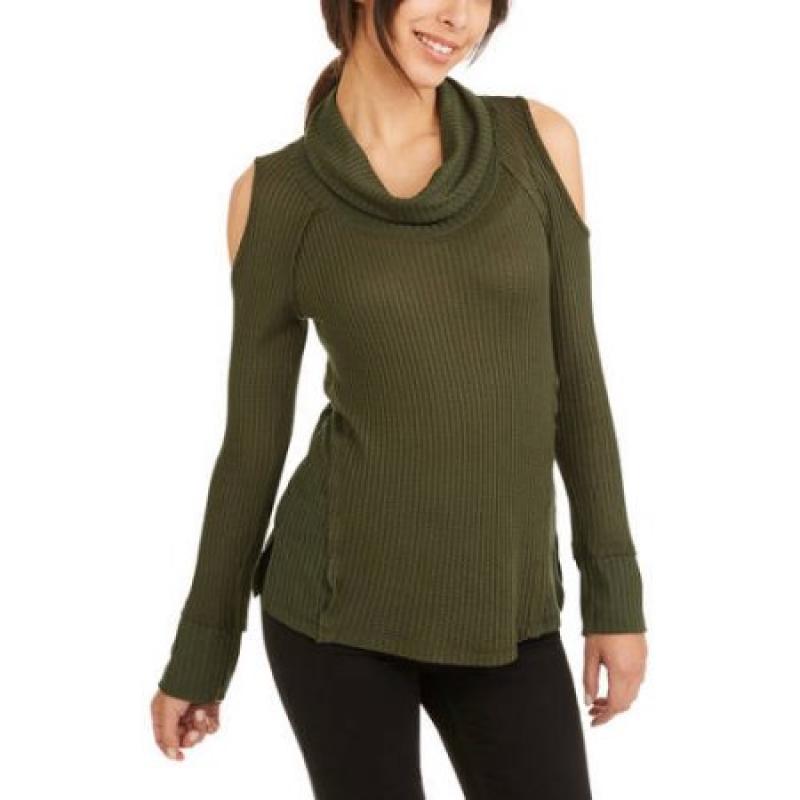 French Laundry Women&#039;s Long Sleeve Cowlneck Waffle Knit Cold Shoulder T-Shirt