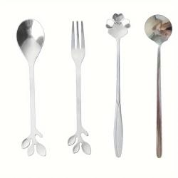 1 Set Stainless Steel Cutlery Set, Leaf Shaped Handle Spoon, Fruit Fork, European Style Golden Leaf Spoon, Cake Spoon, Mixing Spoon, For Home Kitchen Restaurant Coffee Shop Hotel, Kitchen Supplies, Tableware Accessories