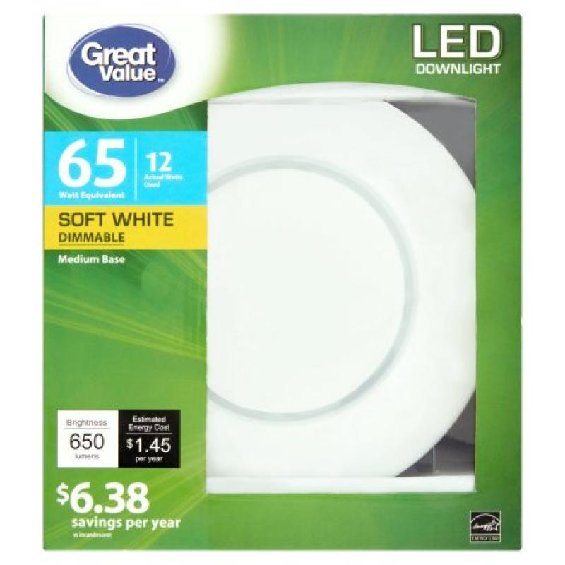 Great Value LED Light Bulb 12W (65W Equivalent) Downlight (E26) Dimmable, Soft White