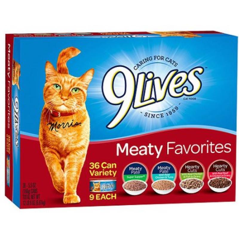 9Lives Meaty Favorites Wet Cat Food Variety Pack, 5.5-Ounce Cans (Pack of 36)