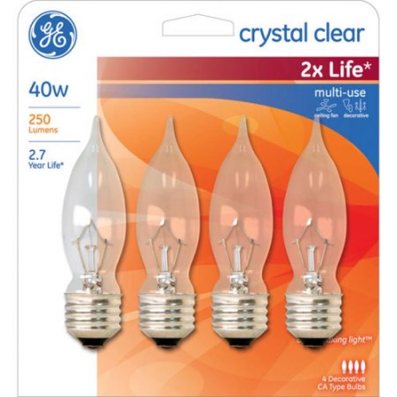 GE 40W Decorative Multi-Purpose 2X Longer Life Regular Base Clear Bulb, 4-Pack