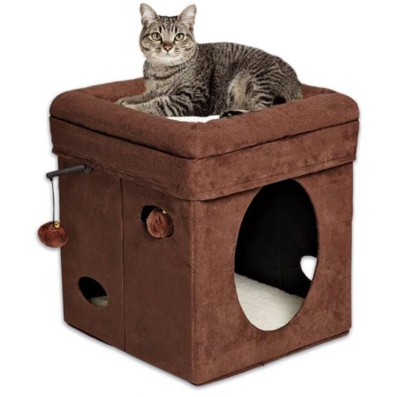 Midwest Curious Cat Cat Cube, Brown Suede