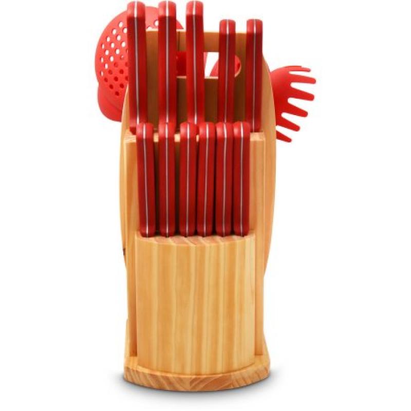 Ragalta 19-Piece Carousel Knife Set with Tools and Cutting Board, Red