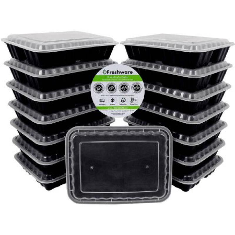 Freshware 15-Pack 3-Compartment Lunch Bento Box Reusable and Microwavable Food Container with Lids, YH-9598