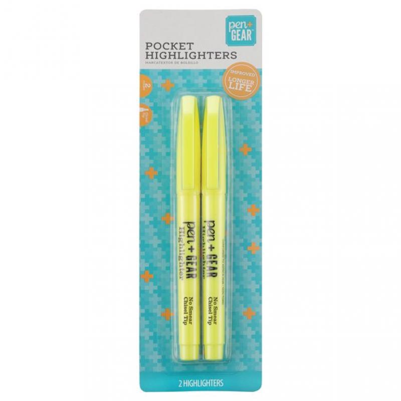 Pen+Gear Pocket Highlighter, Chisel Tip, Translucent Yellow, 2 Count