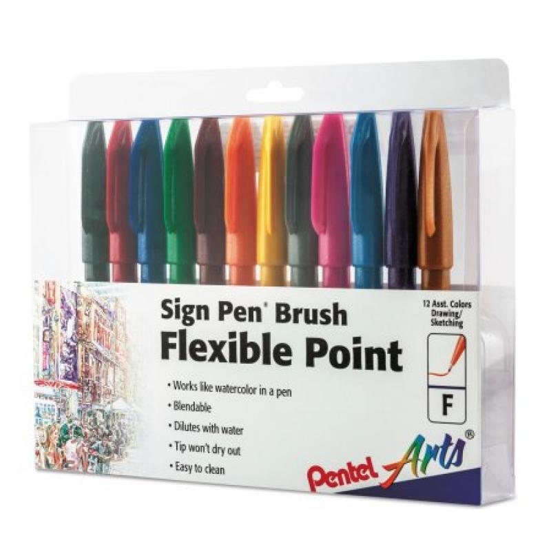 Pentel Arts Sign Pen Brush Flexible Point Marker Pen, Assorted, 12/Pack