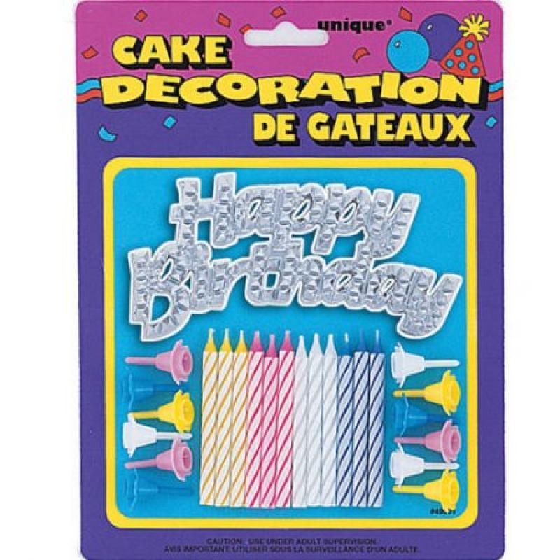 Silver Happy Birthday Cake Topper with Birthday Candles and Holders, 25 Pieces