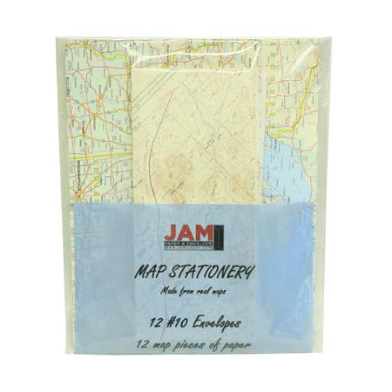 JAM Paper Map Stationery Set, Assorted Map Deisgns, 12 (#10) envelopes & 12 sheets of paper